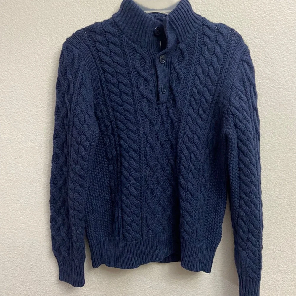Gap Kids Boys Size‎ Large Blue Cable Knit Button Mock Neck Sweater
